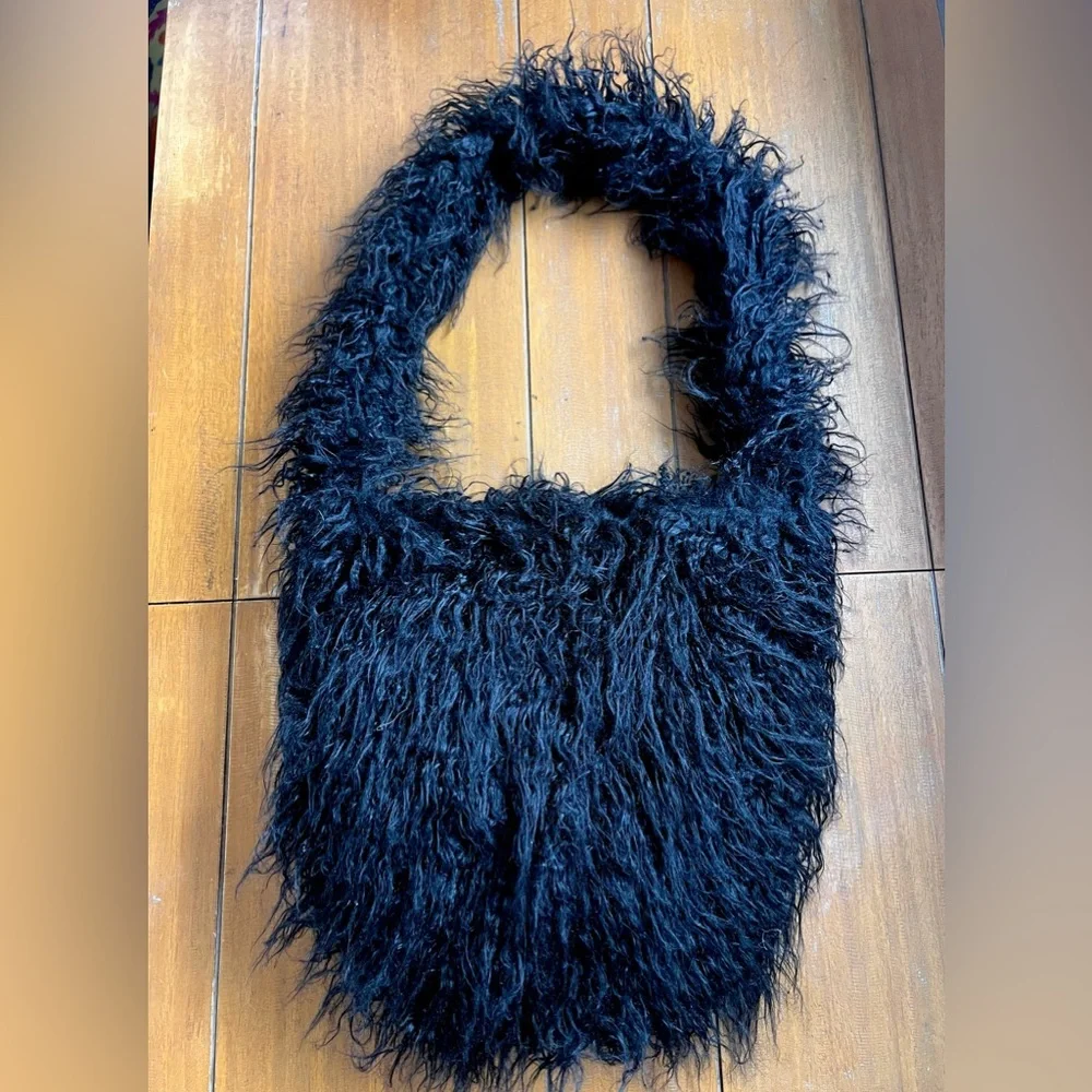 Dolls Kill Widow Faux Fur Bag Black Long Hair Furry Vegan Mongolian Lamb NWOT - Picture 7 of 13
